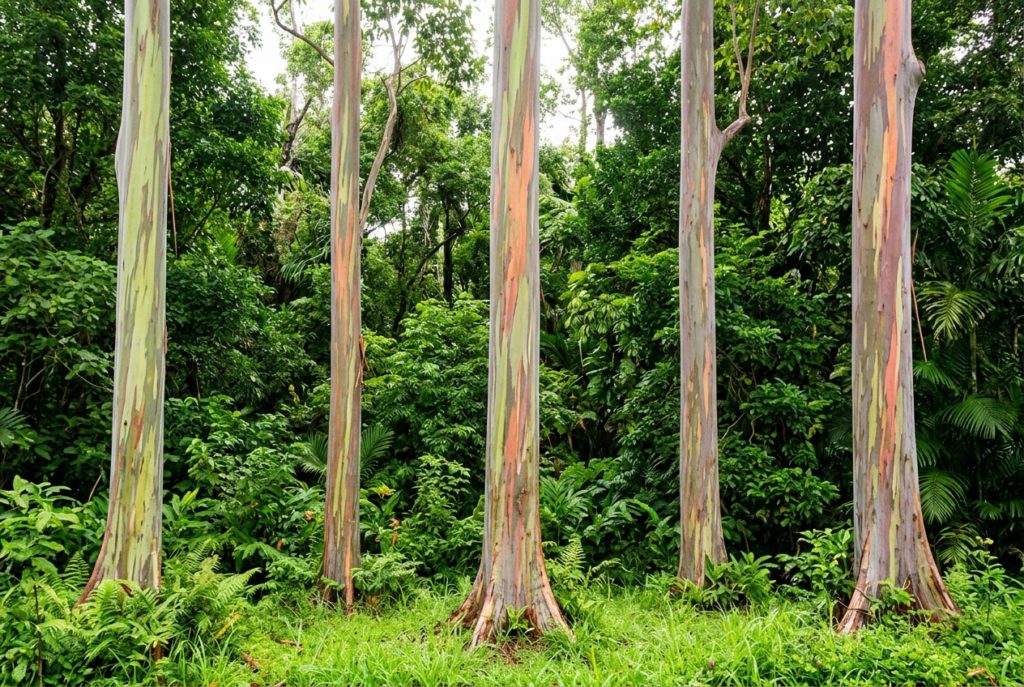 Varios troncos altos de eucalipto arcoiris con corteza en tonos verdes, naranjas, rojizos y violetas frente a una masa densa de vegetación, una escena natural que en Ginartoleas relacionamos visualmente con el árbol del amor