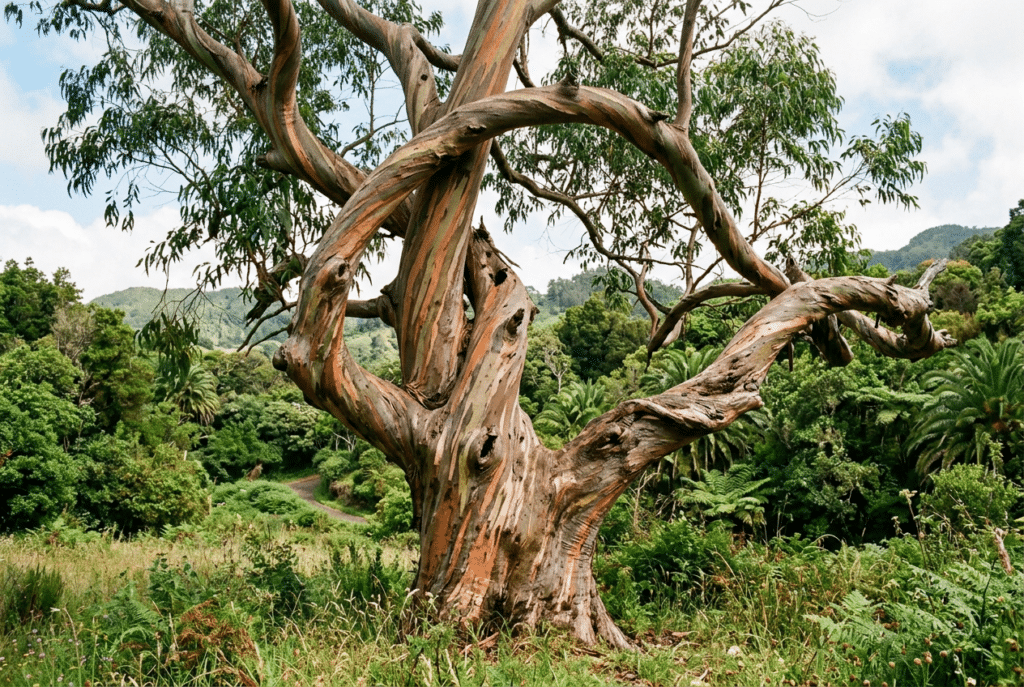 Eucalipto arcoiris de tronco retorcido y ramas abiertas sobre una pradera verde, rodeado de vegetación densa propia de un paisaje húmedo de las Islas Canarias