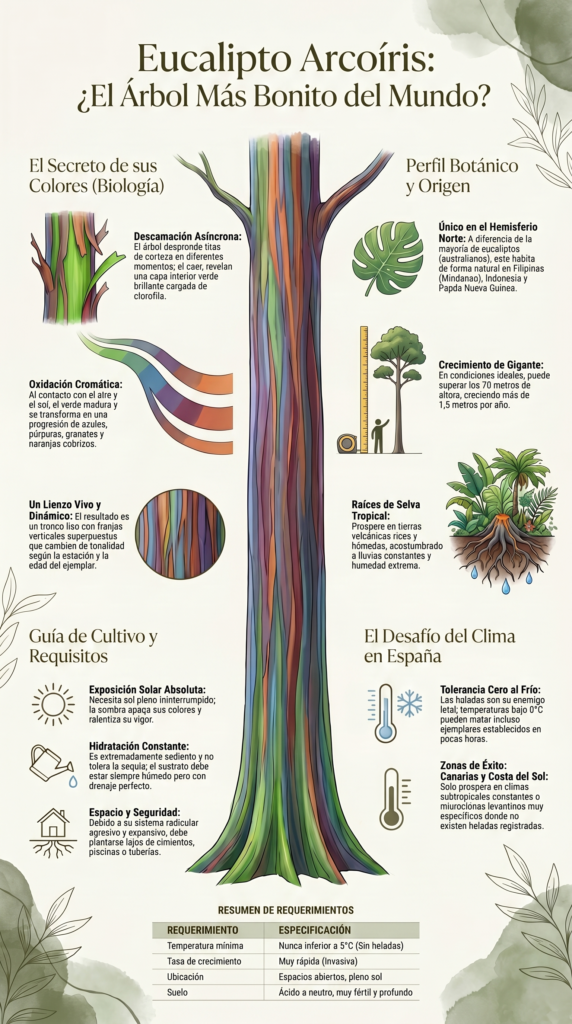 Infografía ilustrada sobre el eucalipto arcoiris con un gran tronco central multicolor y varios esquemas botánicos alrededor sobre sus colores, origen, cultivo y adaptación climática