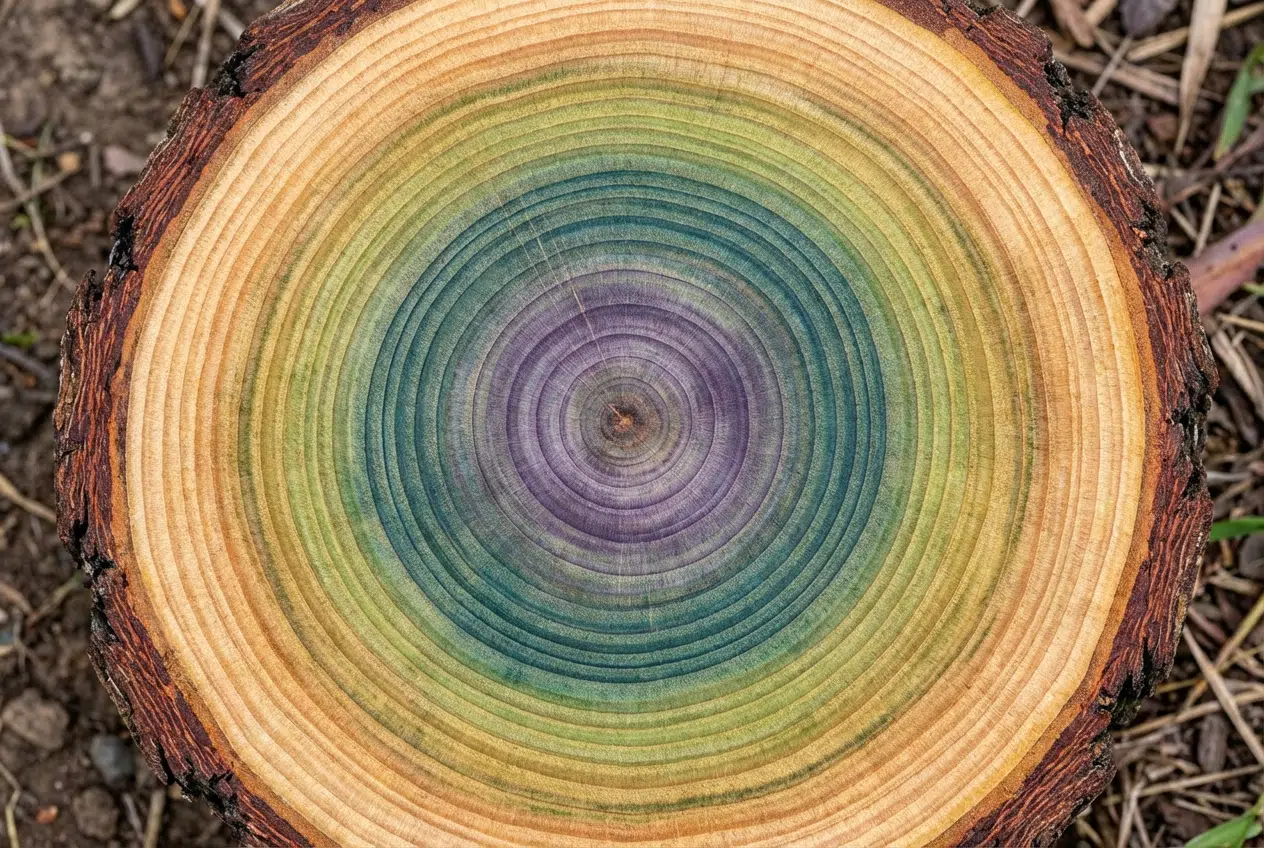 Sección transversal de madera de eucalipto arcoiris con anillos en tonos verdes, azules, morados y ocres