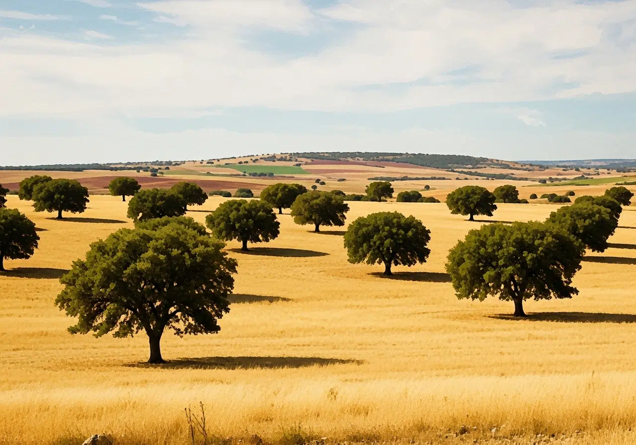 Paisaje típico de dehesa española con encinas dispersas sobre un campo dorado bajo cielos despejados. Esta imagen ilustra las curiosidades de la encina en su hábitat natural, un entorno que Ginartoleas promueve y protege como parte del bosque mediterráneo. 