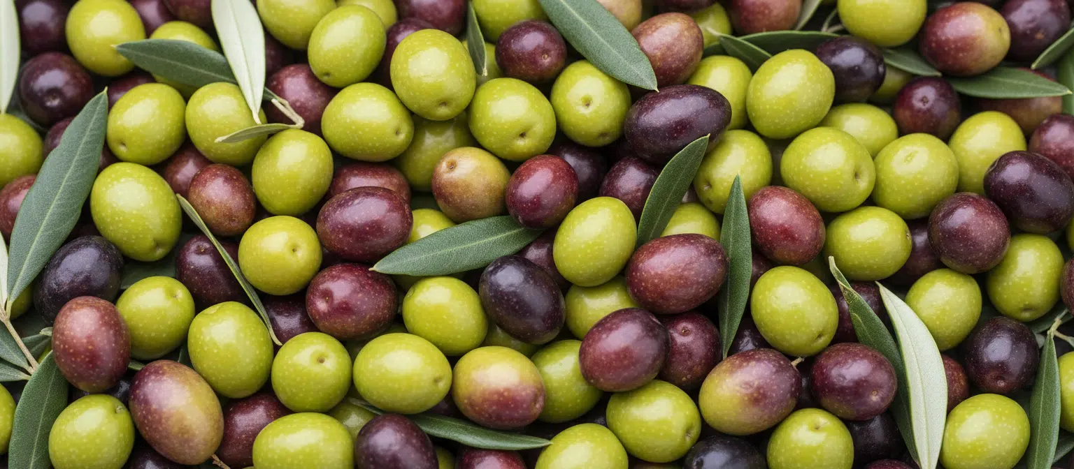 Primer plano de aceitunas recién recolectadas en distintos estados de maduración, con hojas de olivo mezcladas