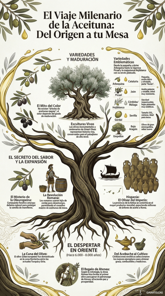 Infografía ilustrada sobre el viaje milenario del olivo y la aceituna desde su origen en Oriente hasta su consumo actual, mostrando de dónde vienen las aceitunas, sus variedades, maduración y expansión histórica