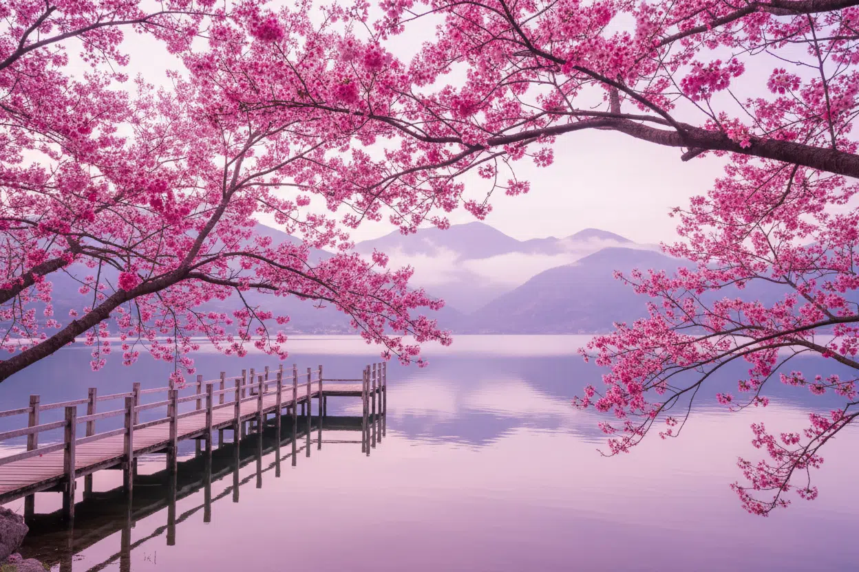 Paisaje con árboles bonitos de color rosa intenso alrededor de un lago tranquilo, creando una escena luminosa