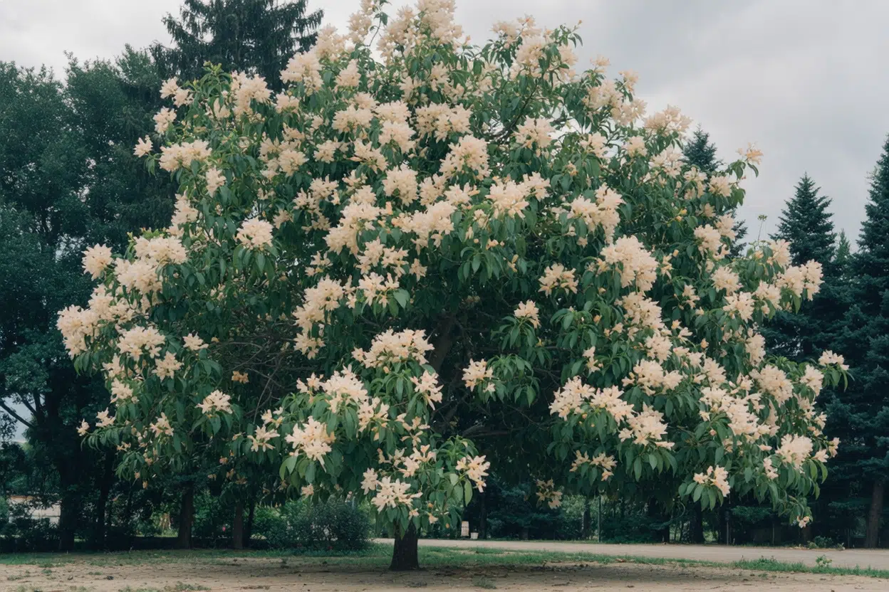 Árbol de sombra Ginartoleas tipo catalpa en plena floración, con copa ancha y hojas grandes que proyectan sombra natural en una zona abierta