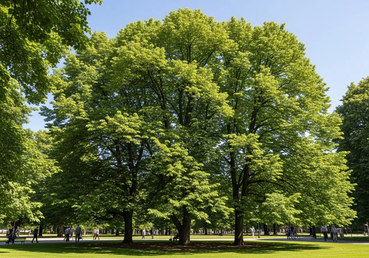 Árbol de sombra Ginartoleas tipo tilo con copa amplia y simétrica en un parque urbano