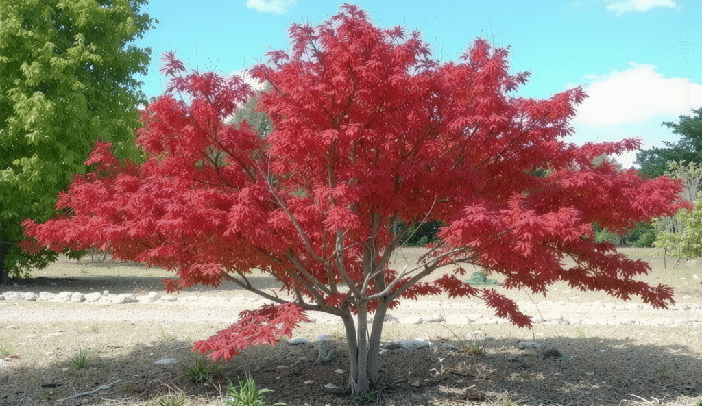 Arce japonés de copa baja y hojas rojas, un ejemplo de árboles pequeños ideales para jardín y espacios reducidos