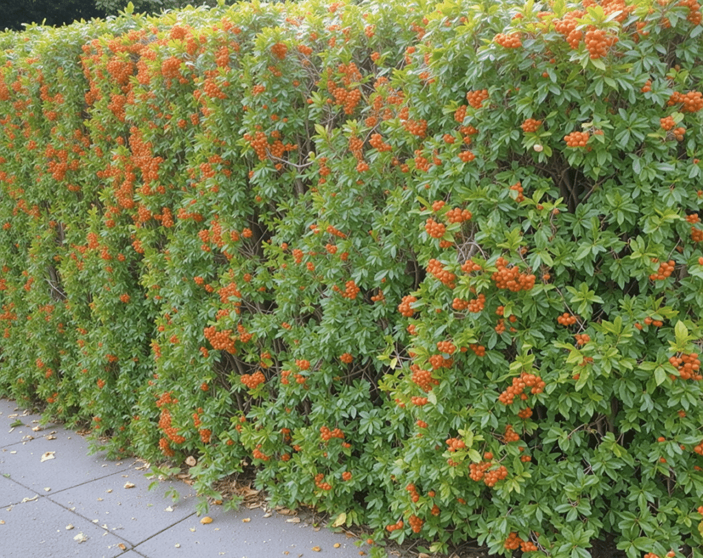 Seto de espino con bayas rojas, un ejemplo de árboles pequeños resistentes usados en jardines y espacios urbanos