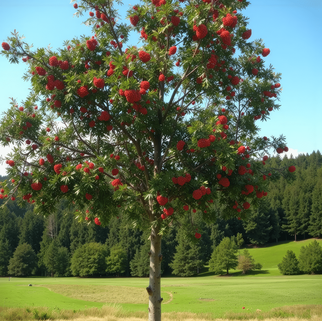 Árbol de fresno de montaña con racimos de frutos rojos, un ejemplo de árboles pequeños ornamentales para jardín y espacios abiertos