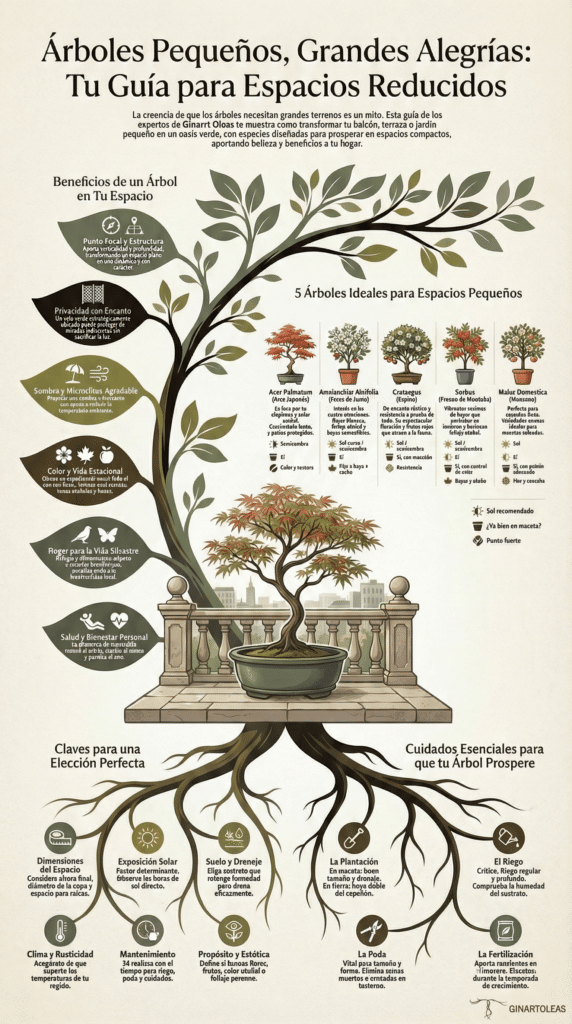 Infografía ilustrada sobre árboles pequeños para jardín, terraza y maceta, mostrando beneficios, especies recomendadas y cuidados esenciales en espacios reducidos