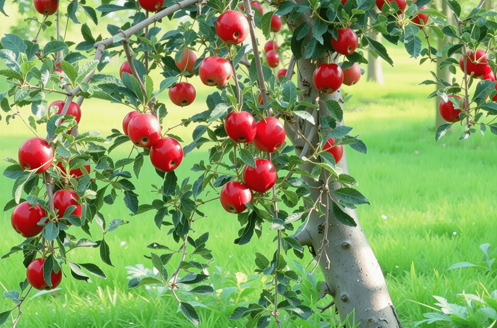 Ramas de manzano cargadas de frutos rojos maduros, un ejemplo de árboles pequeños frutales ideales para jardín y maceta