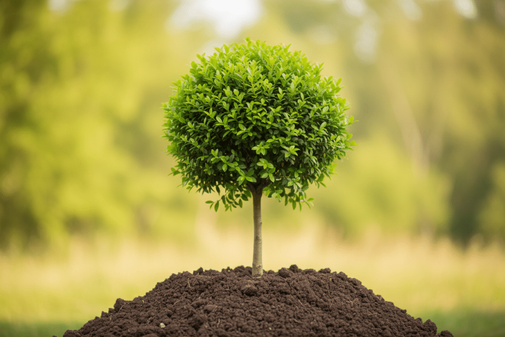 Árbol pequeño recién plantado sobre tierra oscura, representando el crecimiento y el cuidado de árboles pequeños en jardín, terraza o maceta