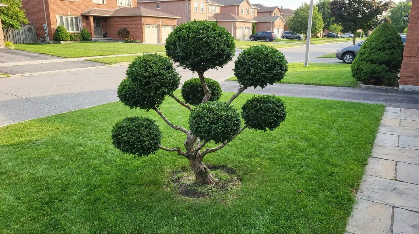 Árbol ornamental podado con formas redondeadas en un jardín residencial, un ejemplo de árboles pequeños decorativos bien integrados en espacios urbanos