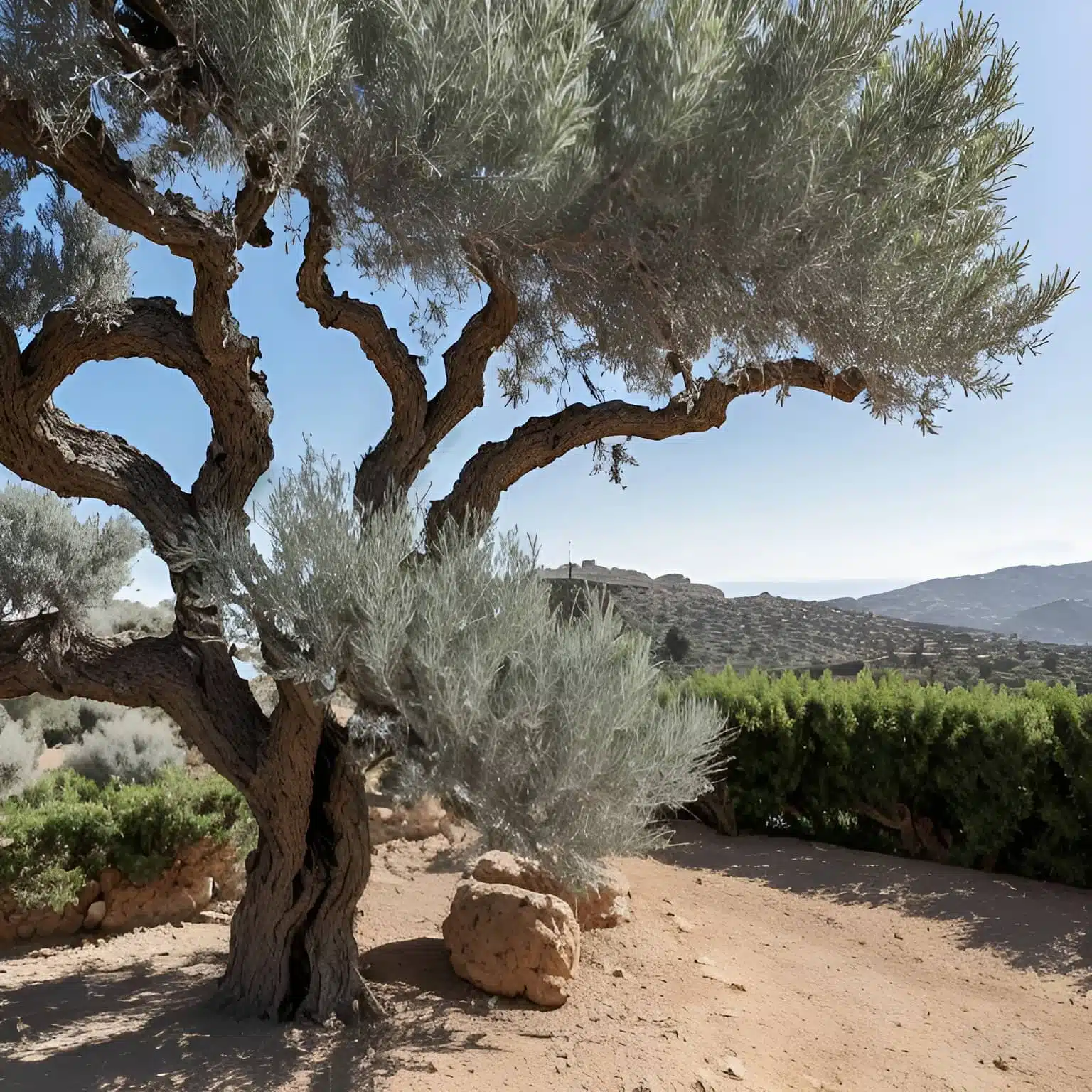  un olivo con su tronco retorcido y rugoso, y sus hojas estrechas de color verde plateado. En el fondo, se pueden apreciar otros olivos y un paisaje típico del Mediterráneo.