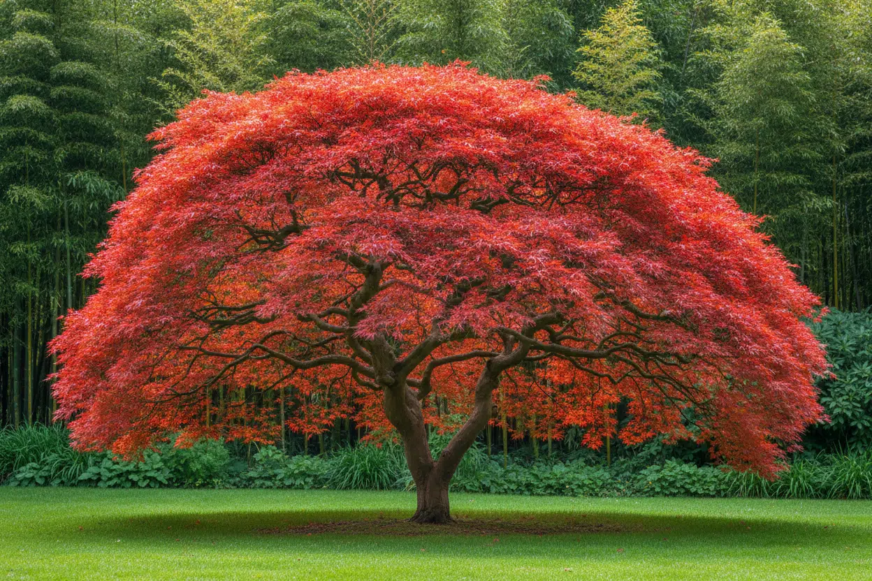 Arce japonés de hojas rojas intensas en otoño, con ramas retorcidas y fondo verde de bambúes, símbolo de la belleza estacional de los árboles ornamentales