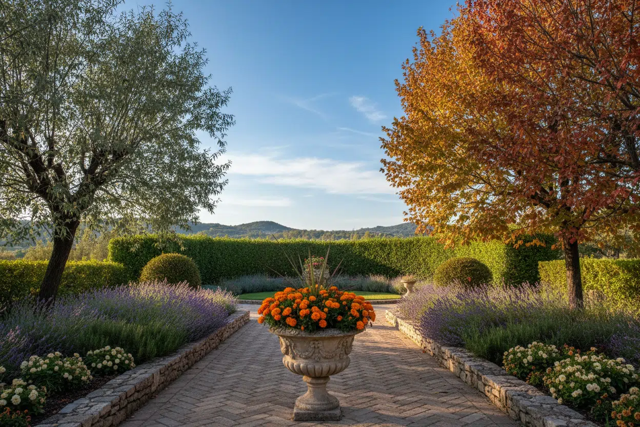 Jardín mediterráneo con pinos y árboles de hojas doradas en otoño, enmarcando una gran maceta central con flores naranjas.