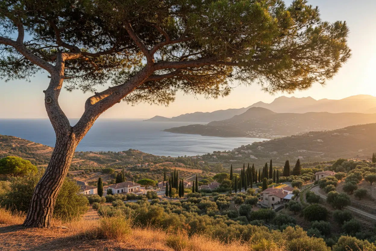 Paisaje mediterráneo visto bajo la sombra de un pino, con cipreses y olivos extendiéndose hacia la costa y las montañas al fondo. 