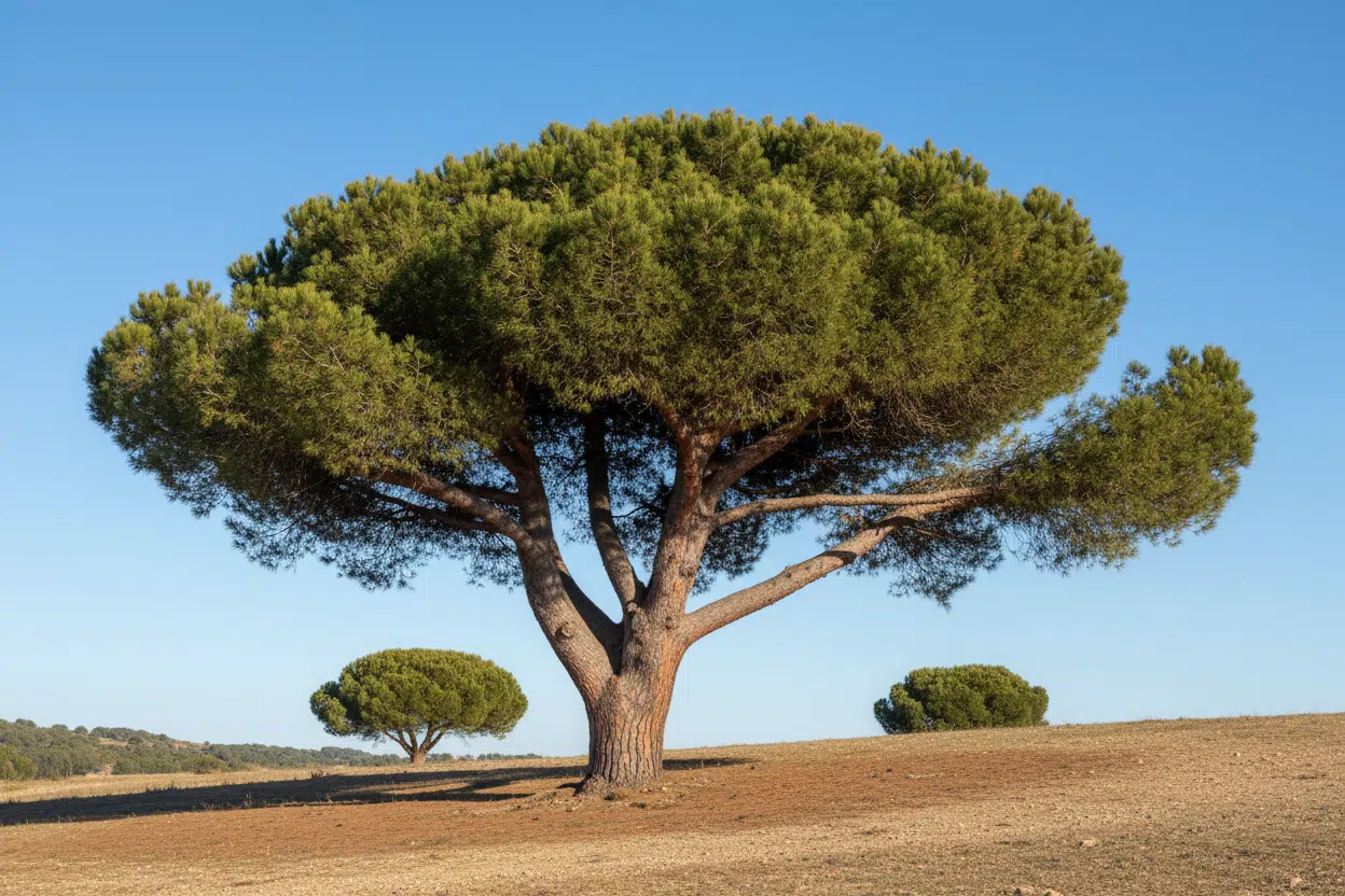 Pino piñonero de copa ancha y frondosa sobre un terreno seco bajo un cielo azul claro, representando los árboles autóctonos más característicos del paisaje mediterráneo español