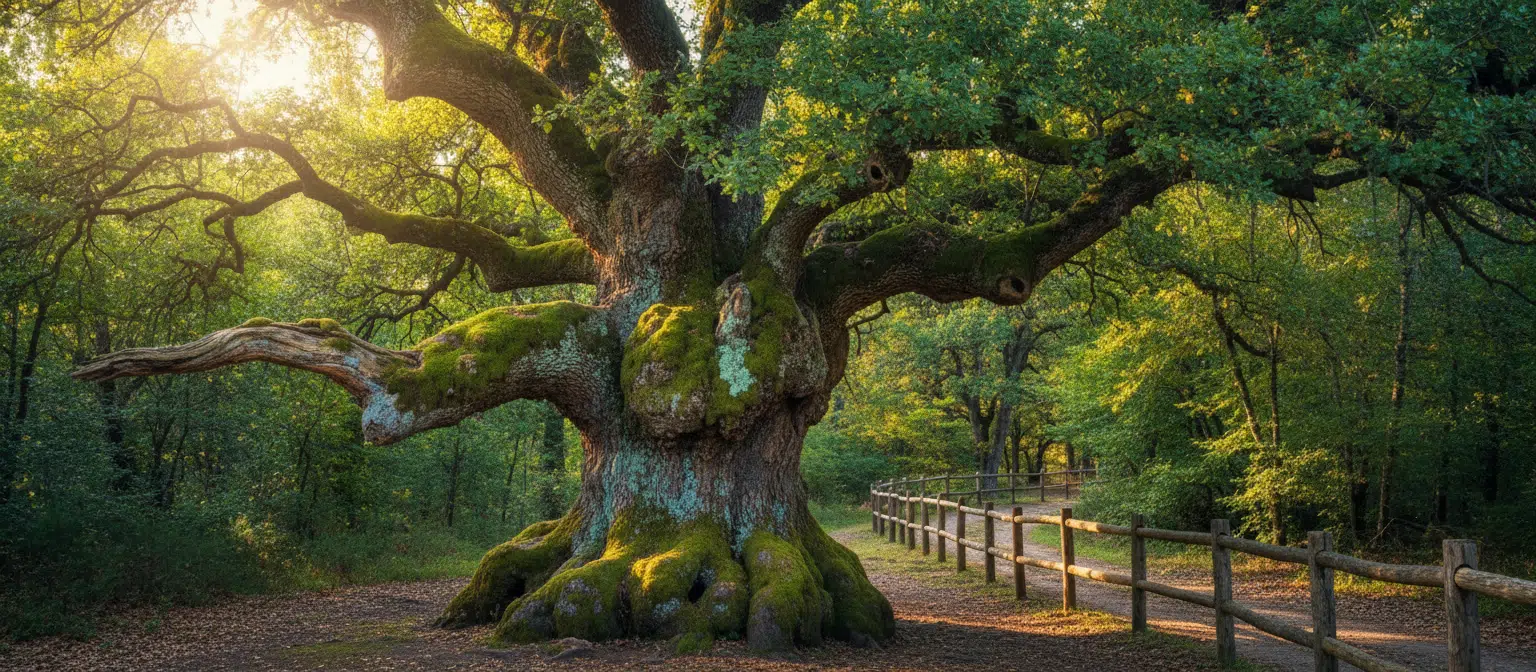 Roble centenario con tronco grueso y retorcido cubierto de musgo en medio de un bosque verde, símbolo de los árboles autóctonos de la Península Ibérica.