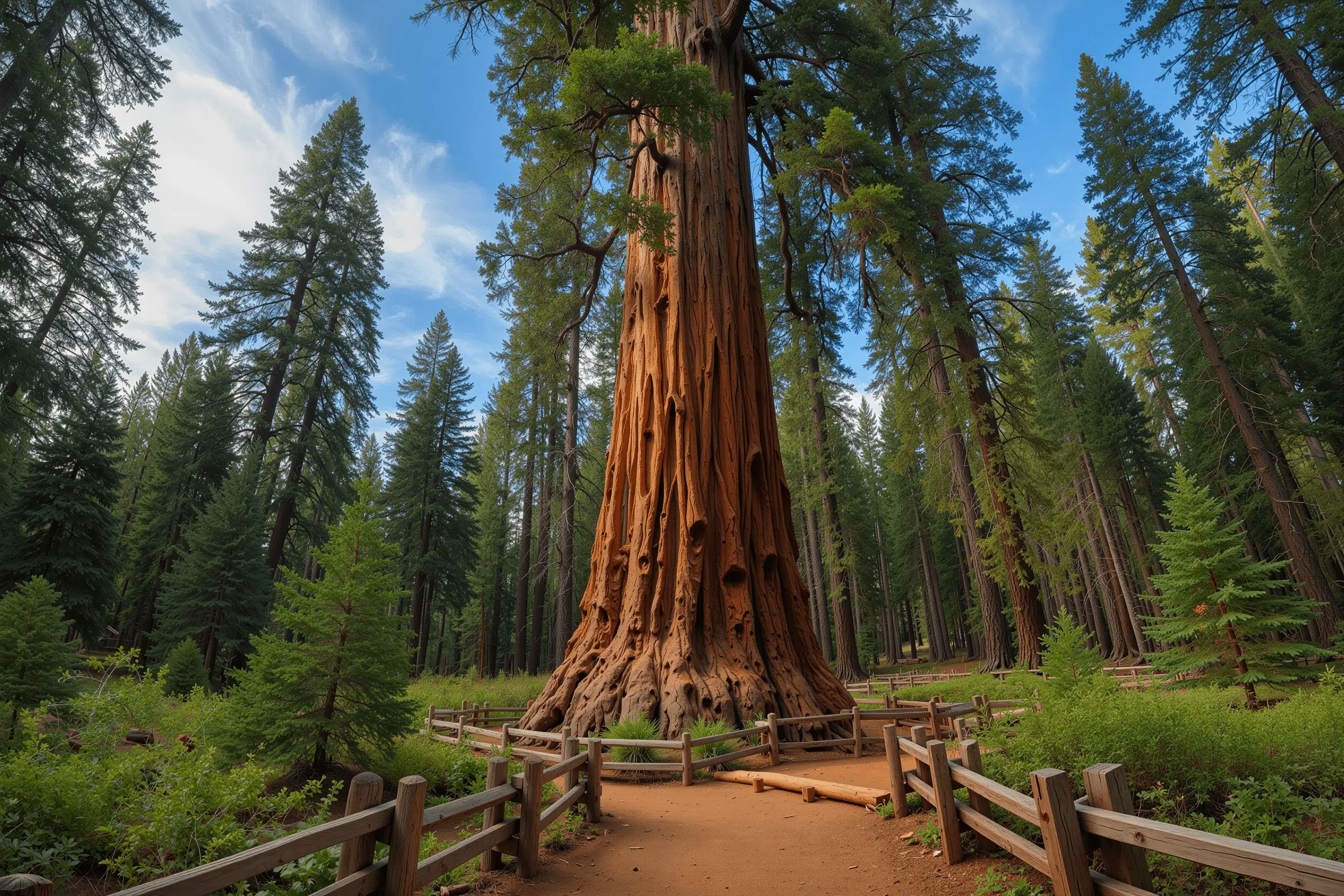 Tronco monumental de una secuoya gigante en un bosque de coníferas, destacando su corteza rojiza y su enorme tamaño entre los árboles circundantes