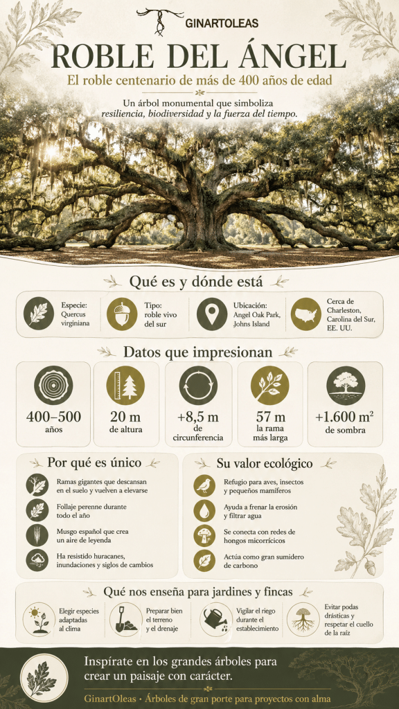 Infografía de Ginartoleas sobre el Roble del Ángel, un roble centenario monumental de más de 400 años, con datos sobre su ubicación, tamaño, valor ecológico y cuidados inspiradores para jardines y fincas.