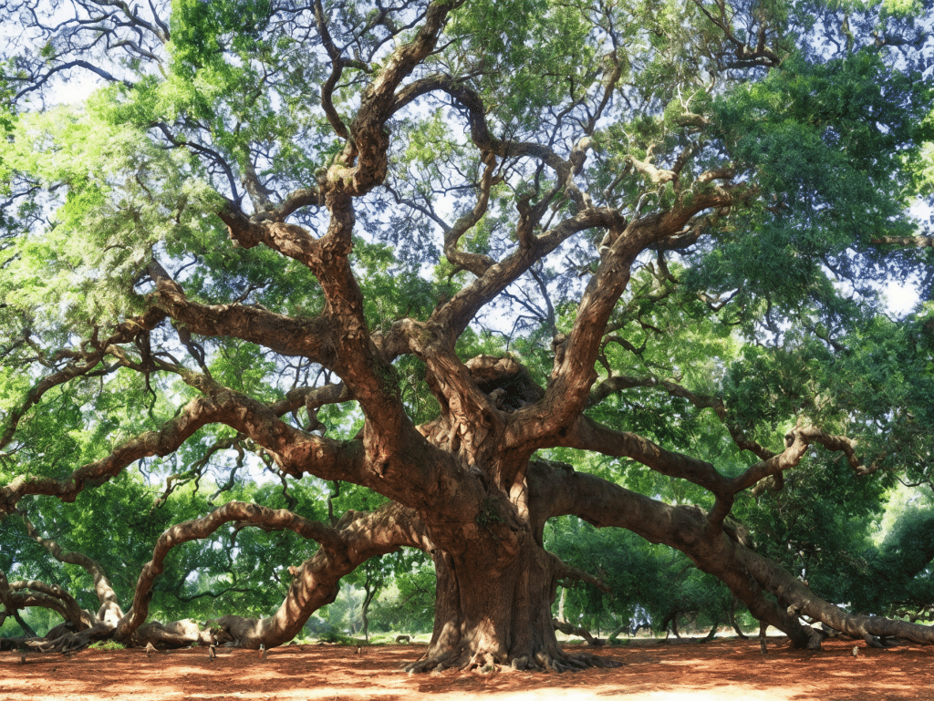 Roble centenario del Ángel con tronco robusto y grandes ramas extendidas bajo una copa verde