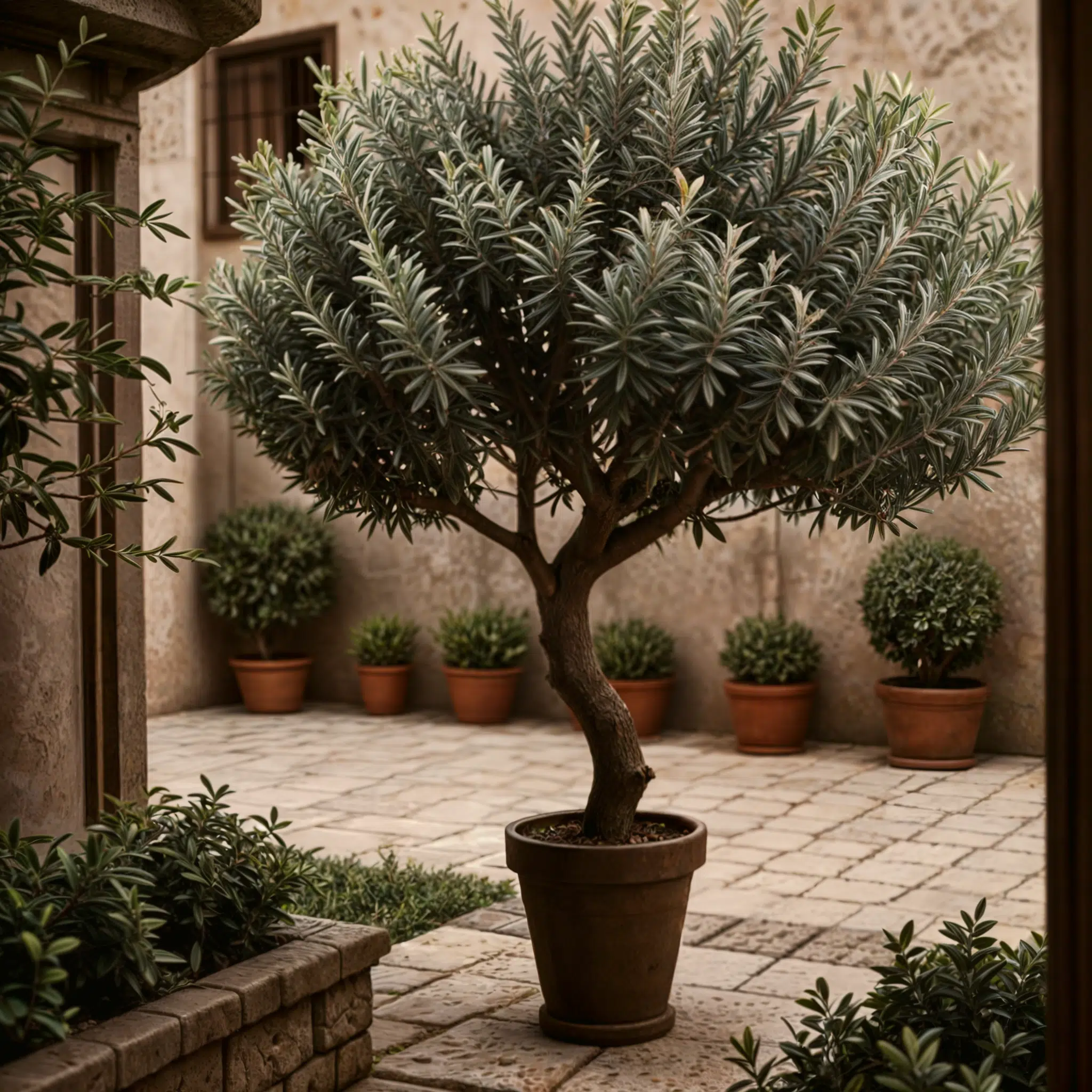 Olivo centenario en maceta ubicado en un patio adoquinado, rodeado de otras plantas en macetas, destacando su follaje denso y plateado bajo la luz suave.