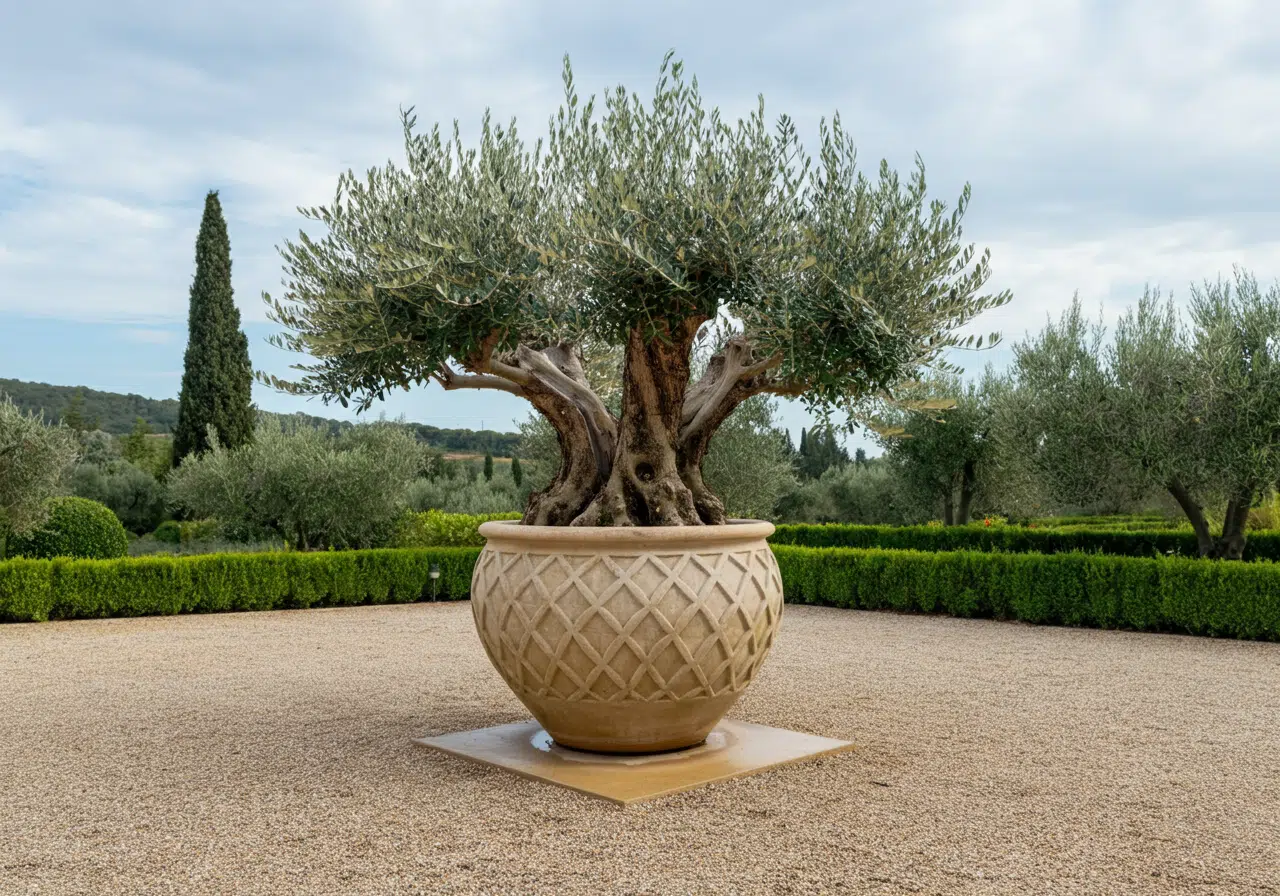 Olivo ornamental en maceta de Ginartoleas con tronco retorcido y follaje plateado, ejemplo ideal de poda decorativa en entorno ajardinado;