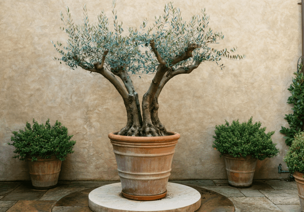 Olivo en maceta de Ginartoleas con copa abierta y ramas bien definidas, ideal para ilustrar cuándo y cómo podar un olivo decorativo en espacios exteriores