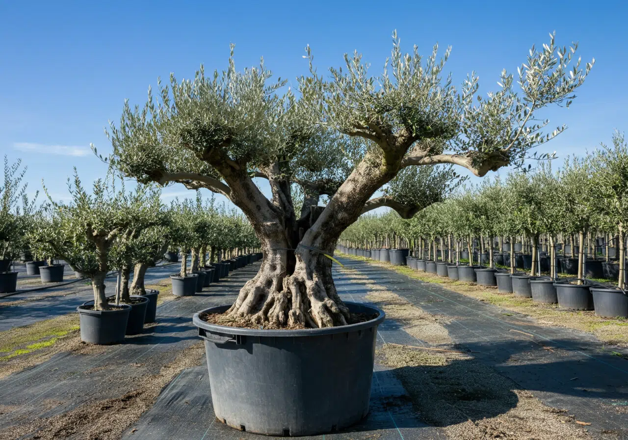 Olivo en maceta de Ginartoleas con poda ornamental tipo nube en vivero exterior, ejemplo visual de cómo la técnica de poda puede transformar un árbol centenario
