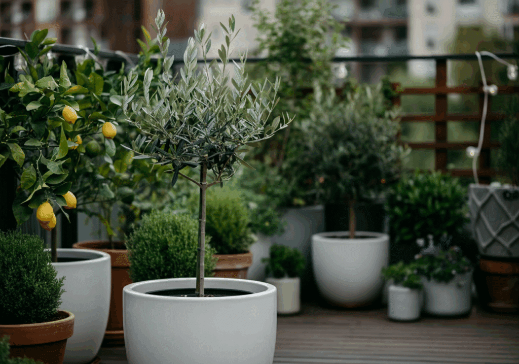 Olivo en maceta de Ginartoleas colocado en una terraza urbana con otras plantas decorativas, ejemplo práctico de cultivo ornamental en espacios reducidos