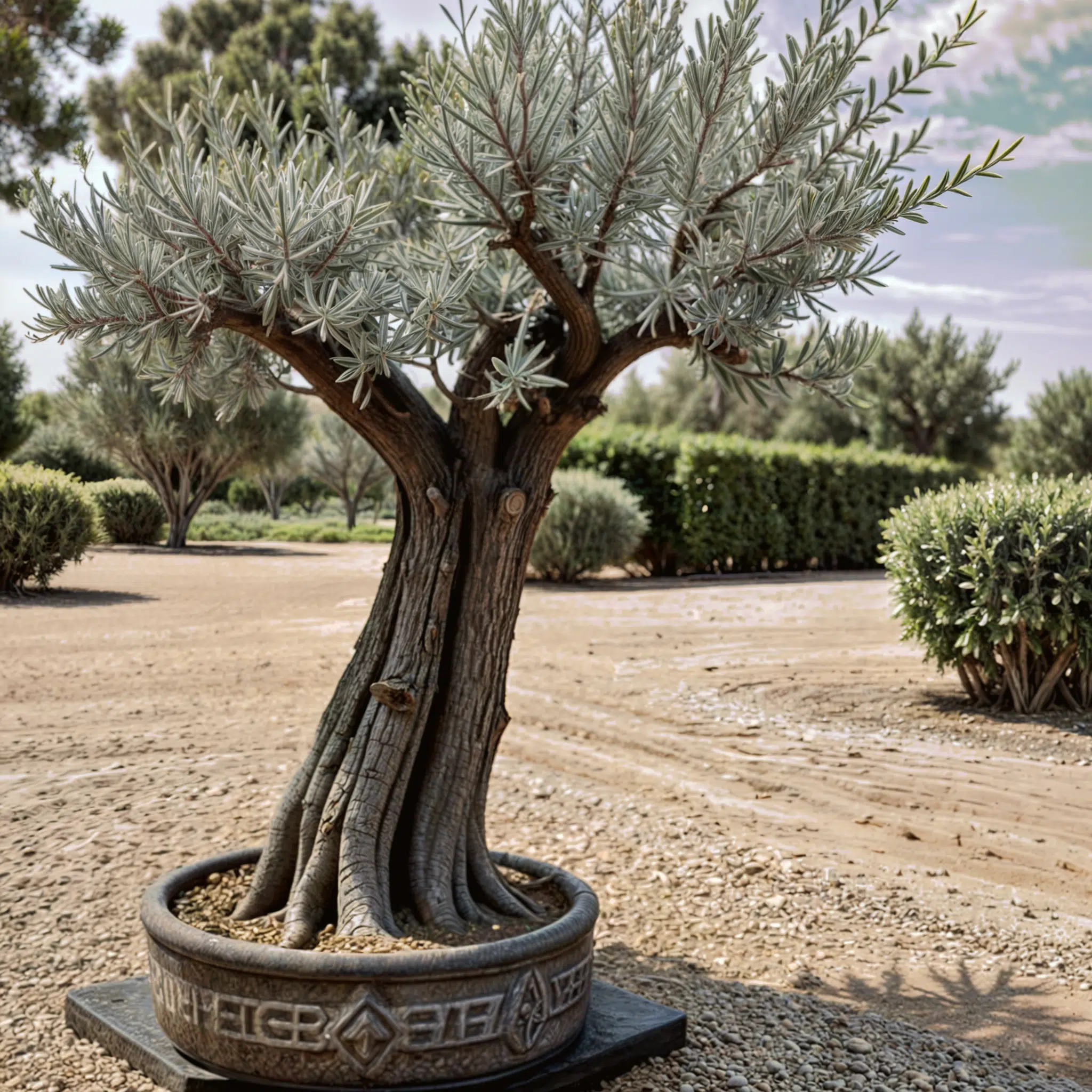 Olivo en maceta de diseño ornamental situado en un jardín amplio, mostrando un tronco robusto y múltiples ramas con follaje denso de tono plateado