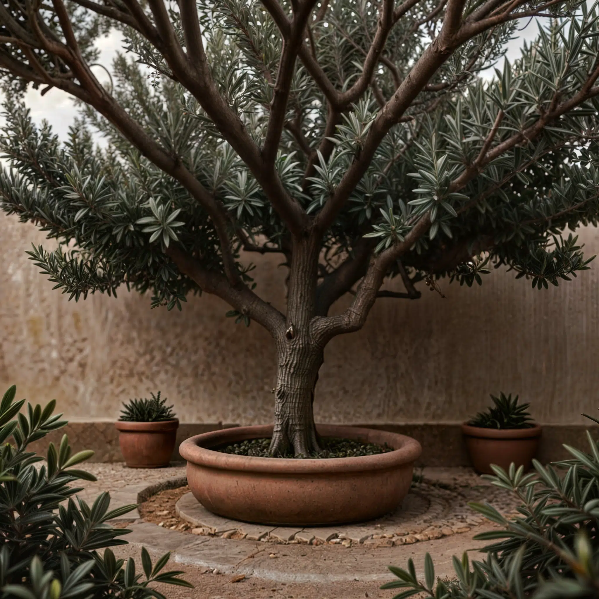 Olivo robusto en maceta grande de terracota en un rincón sereno con paredes de color claro, rodeado de pequeñas macetas con plantas verdes, destacando su estructura imponente y follaje denso.