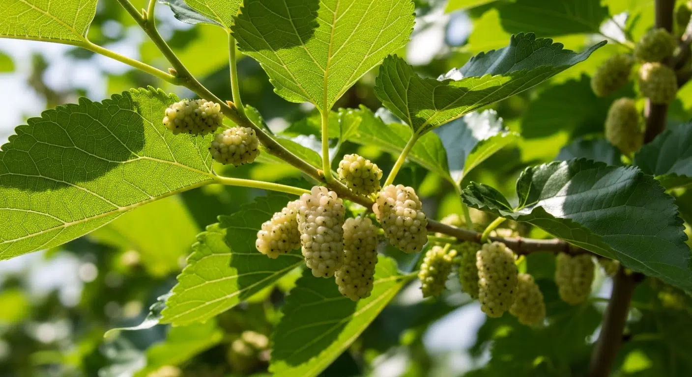 Detalle de hojas de morera junto a frutos blancos maduros en una rama soleada del vivero Ginartoleas.