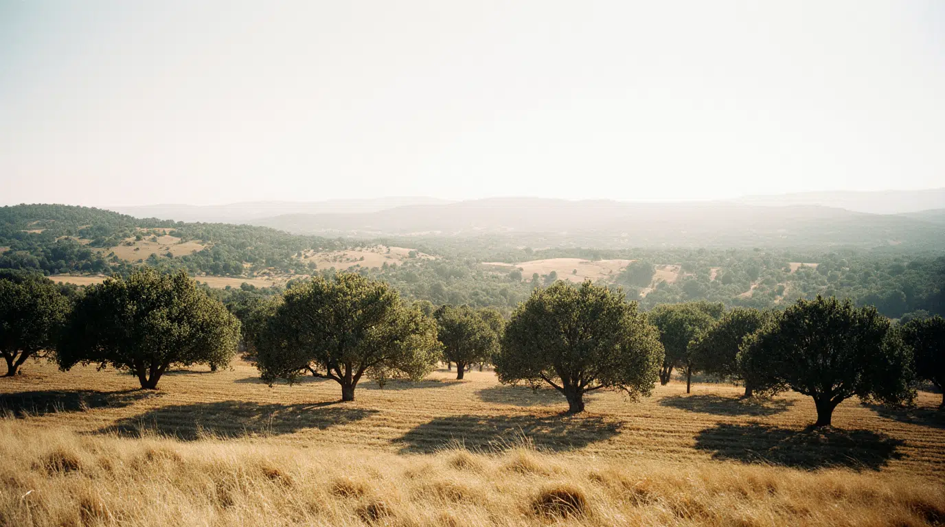 Paisaje agrícola típico del centro de España con un bosque de encinas dispersas sobre un terreno seco y dorado, bajo un cielo despejado. La imagen muestra una escena que recoge algunas de las curiosidades de la encina y su papel en la configuración del paisaje mediterráneo.