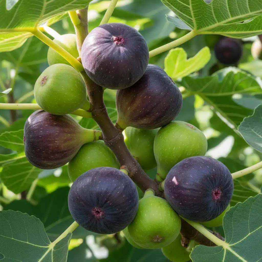 Higos morados y verdes creciendo en la rama de una higuera en Ginartoleas, mostrando distintos estados de maduración del Ficus carica.