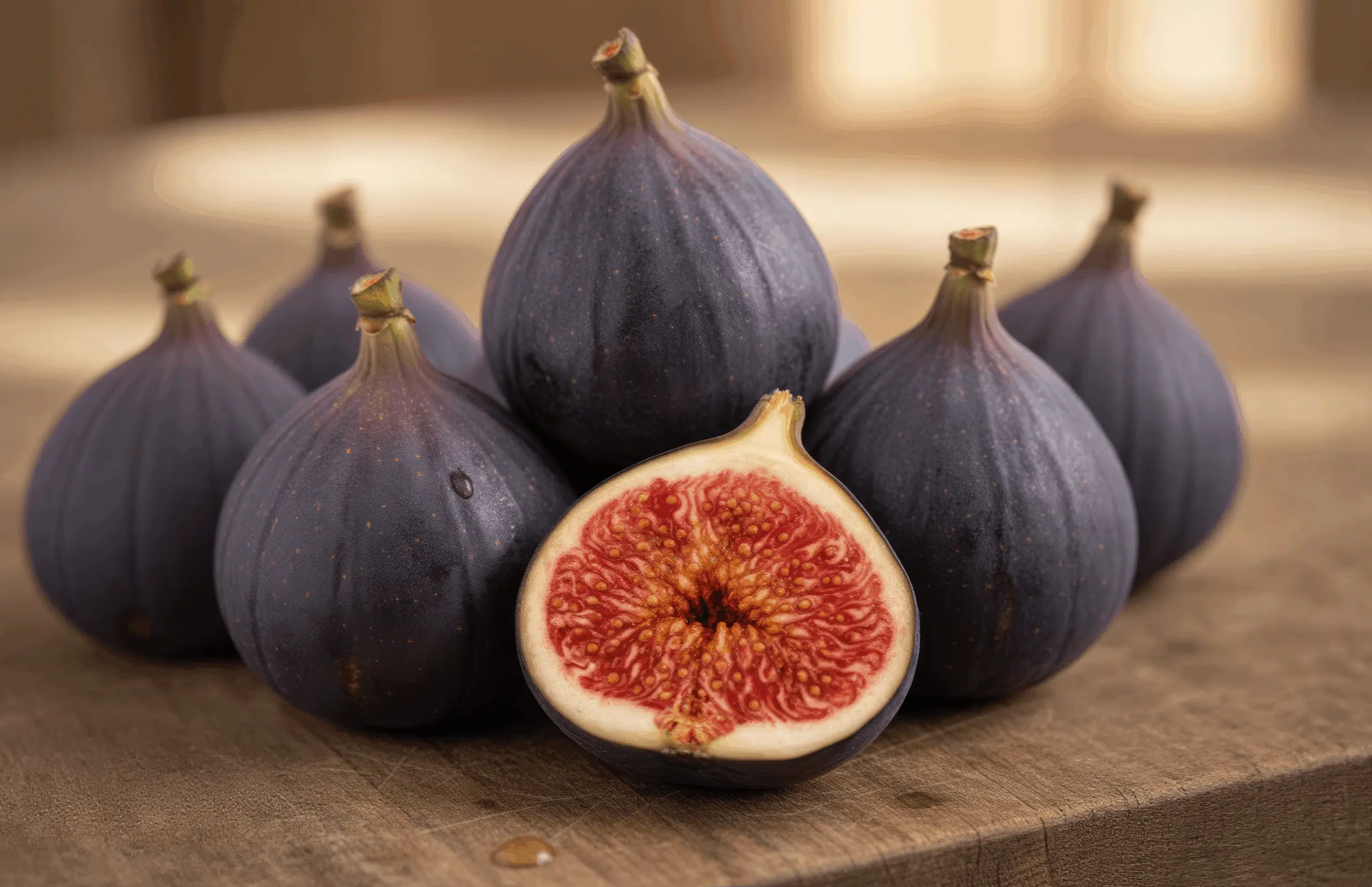 Higos morados de una higuera en Ginartoleas con un fruto partido que muestra la pulpa roja y jugosa del Ficus carica.