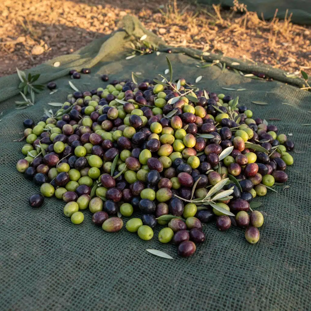 Imagen de recolección en el campo en España donde se ven aceitunas verdes, moradas y negras sobre una malla durante la cosecha. La escena muestra claramente cuándo se recogen las aceitunas en distintas fases de maduración