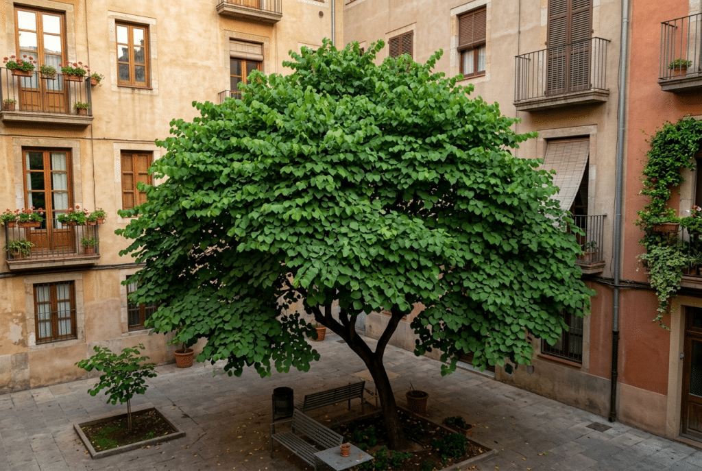 Árbol del amor Ginartoleas con copa frondosa y hojas verdes en un patio urbano junto a un edificio residencial
