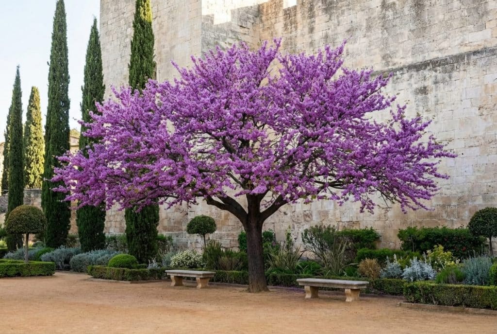 Árbol del amor Ginartoleas con copa ancha y floración violeta junto a un muro de piedra en un jardín histórico
