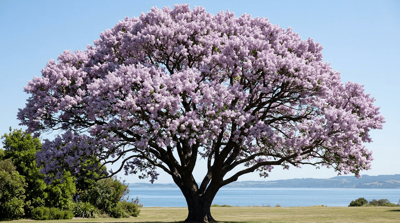 Árbol ornamental de gran copa con abundante floración lila junto al agua, imagen usada en Ginartoleas como referencia visual frente al árbol del amor