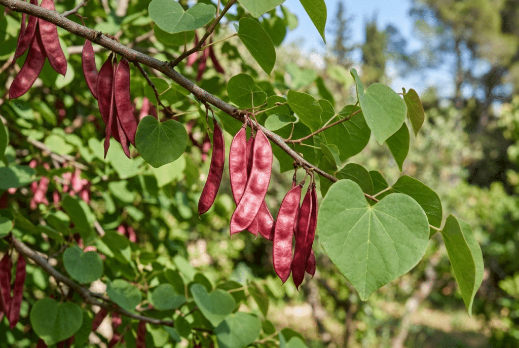 Frutos y hojas del árbol del amor Ginartoleas en una rama, con vainas alargadas de tono rojizo y hojas verdes acorazonadas