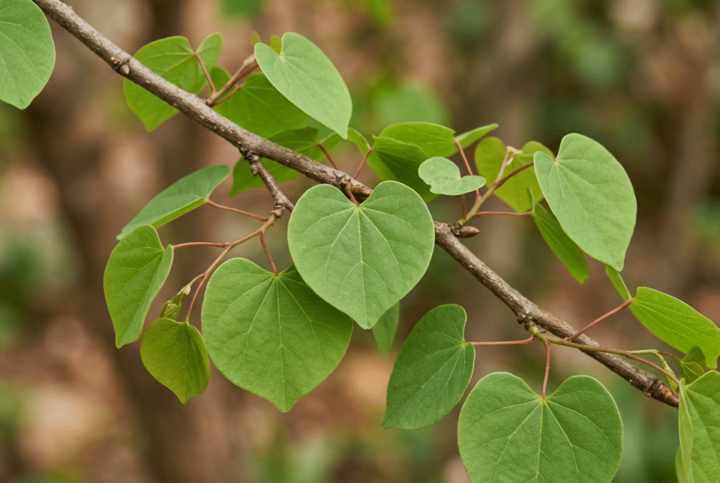Hojas verdes de árbol del amor Ginartoleas con forma redondeada y acorazonada sobre una rama fina, en primer plano