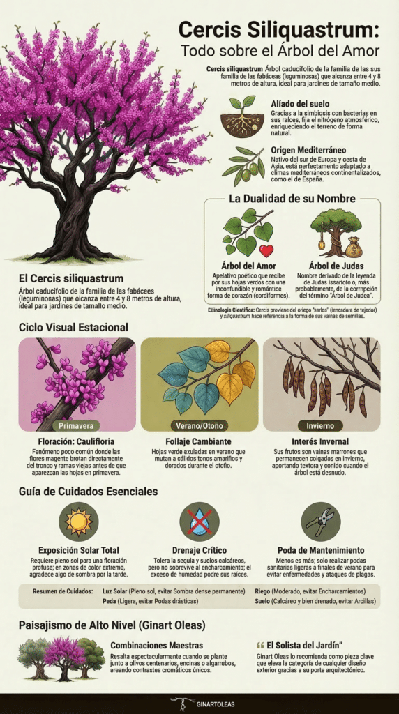 Infografía del árbol del amor Ginartoleas sobre el Cercis siliquastrum, con ilustraciones de floración, hojas, frutos, cuidados y usos en paisajismo