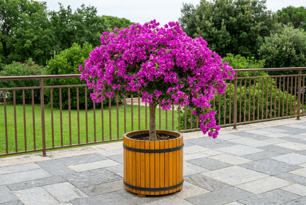 Buganvilla fucsia con forma de pequeño árbol en maceta de madera, situada en una terraza exterior junto a una barandilla y zona ajardinada.