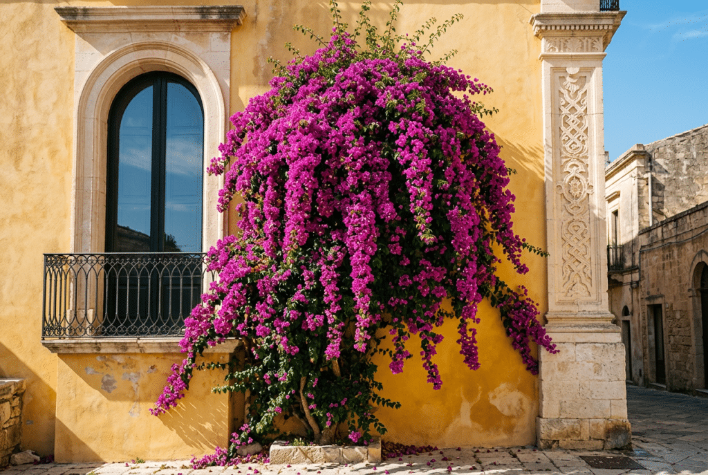 Buganvilla fucsia en forma colgante decorando una fachada amarilla con ventana arqueada, balcón de hierro negro y detalles de piedra ornamental.
