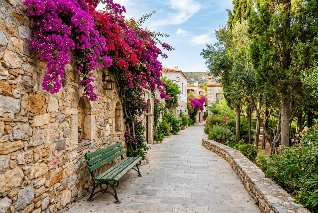 Buganvilla fucsia cubriendo un muro de piedra junto a un paseo con un banco verde y vegetación mediterránea.