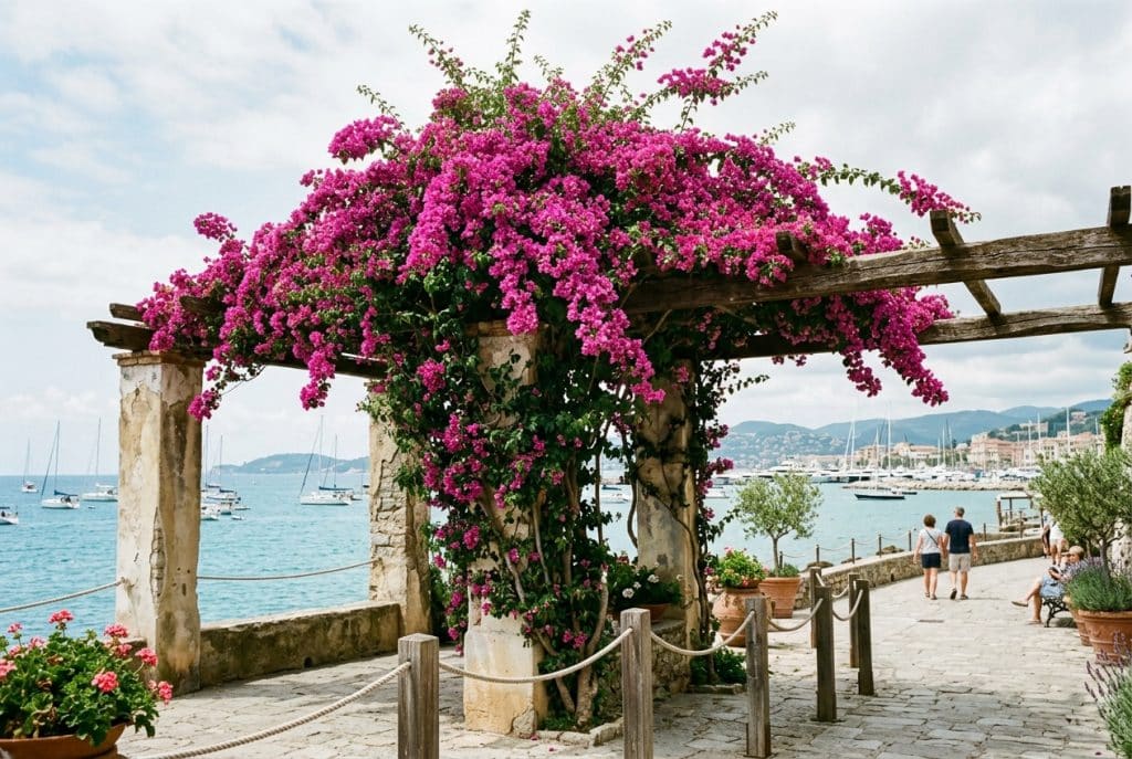 Buganvilla fucsia cubriendo una pérgola junto al mar, con columnas de piedra, paseo costero y barcos al fondo.