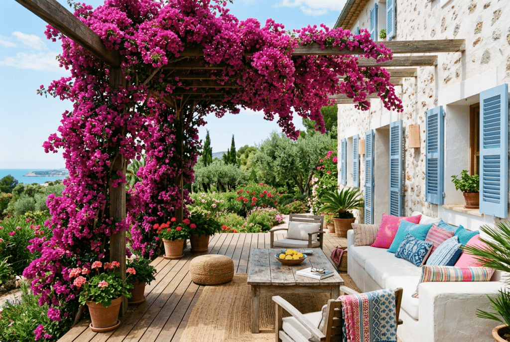 Buganvilla fucsia cubriendo una pérgola sobre una terraza mediterránea con zona de descanso, sofá blanco, cojines de colores y vegetación exterior.