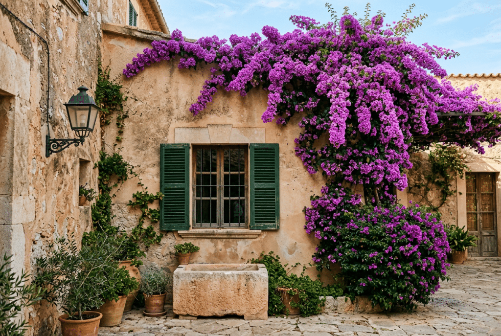 Buganvilla morada cubriendo la fachada de una casa rústica con contraventana verde, farol, pilón de piedra y jardín mediterráneo.